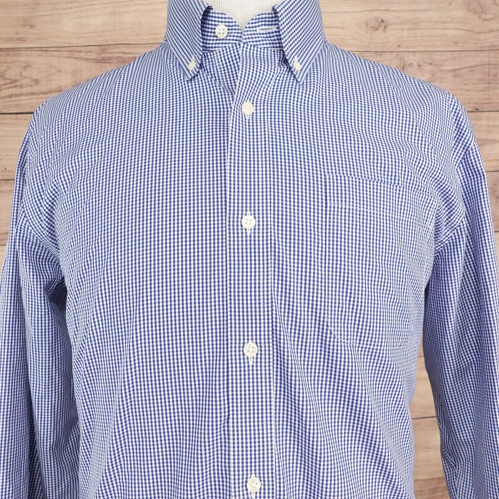 Lands End Button Down Shirt Mens 17-34 Blue Gingham = No Iron Supima